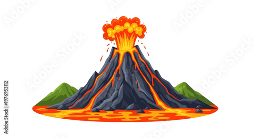Illustration of an erupting volcano with lava flows and ash clouds on a white background