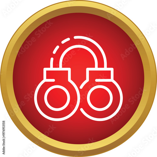 Handcuffs line art icon on a red and gold button representing law and order
