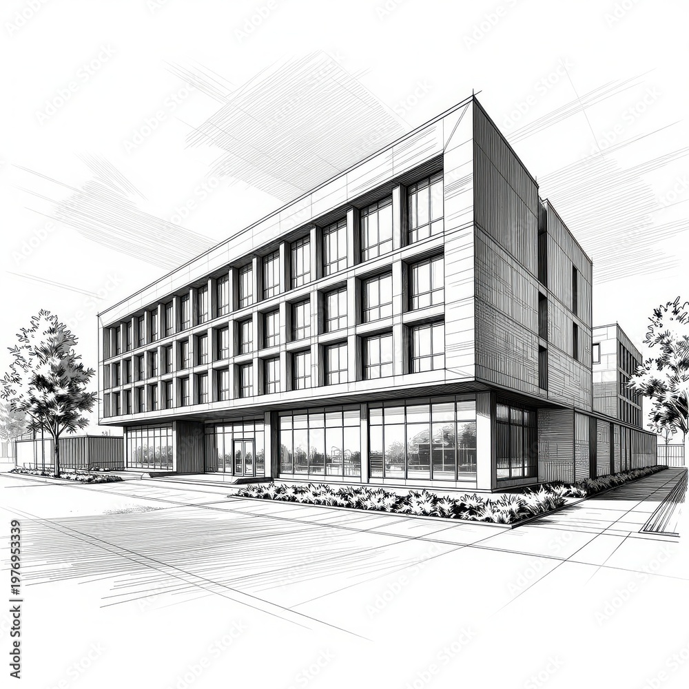 Fototapeta premium Architectural Sketch of Modern Commercial Building with Glass Windows and Landscaped Entrance Area in Black and White Line Drawing Style