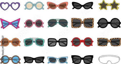 Vector illustration of assorted fashionable sunglasses in varied shapes, colors, and styles