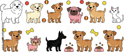 Vector illustration of cartoon dogs and cat with toys, bones, and food bowls