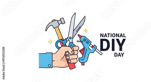 Hand holding DIY tools like hammer scissors and glue gun celebrating National DIY Day with a creative concept for crafting and home improvement