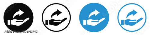 Human hand holding a curved arrow pointing right. Sharing, recommendation, referral, and giving concepts. Vector icons.