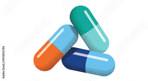 Colorful pills arranged in a triangle on a white background.