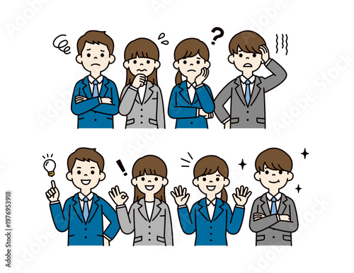 困った表情と問題が解決した表情の、リクルートスーツを着た就活生のベクターイラスト素材セット