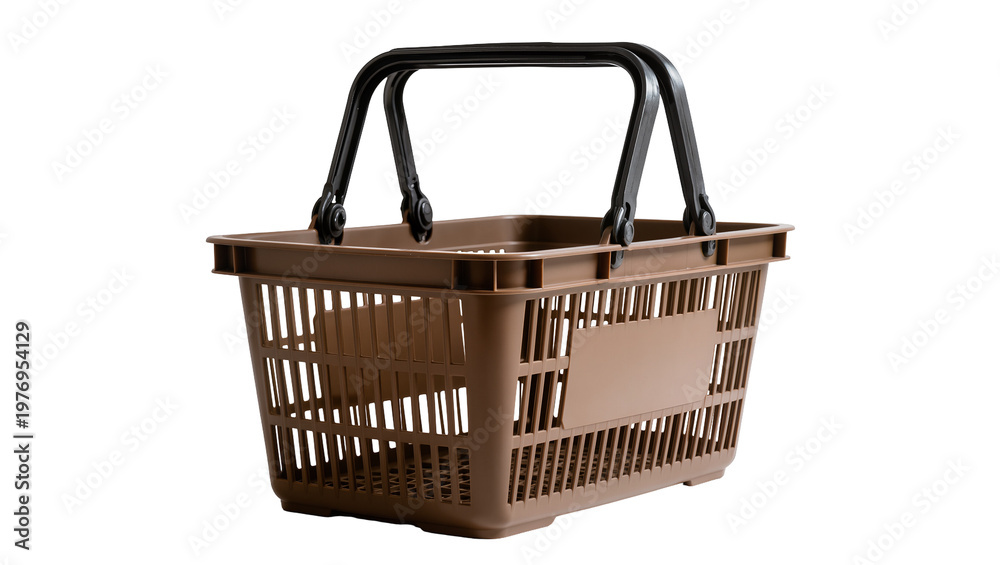 Fototapeta premium Brown plastic shopping basket with black handle angled view