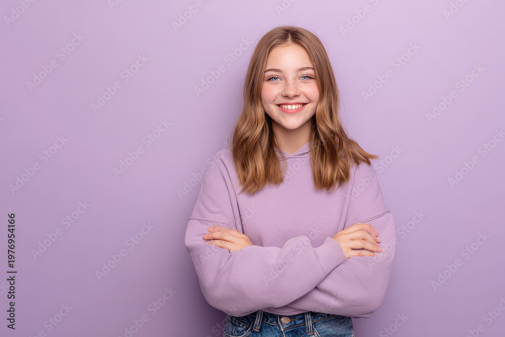 Fototapeta premium cheerful teenager in cozy hoodie stands confidently against pastel lilac background
