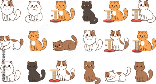 Vector illustration of cute cartoon cats in different colors and poses with scratching posts and toys