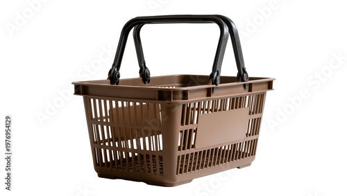 Tablou pe pânză Brown plastic shopping basket with black handle angled view