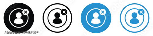 Vector set of delete user icons. Profile silhouette with an 'X' mark in circular flat and line styles. Black and blue.