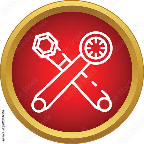 Crossed wrench and ratchet in a golden frame red circle