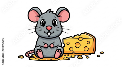 Cute cartoon mouse sitting next to a wedge of cheese isolated on white background perfect for childrens illustrations and food concepts
