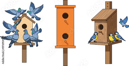 Birdhouses and Birds Illustration Set Featuring Pigeons and Sparrows on Wooden and Colorful Birdhouses in Vector Design