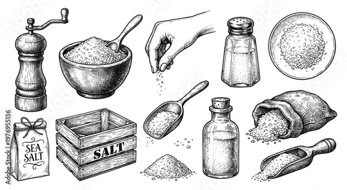 Salt set with shaker mill hand sea salt bag wooden crate engraving