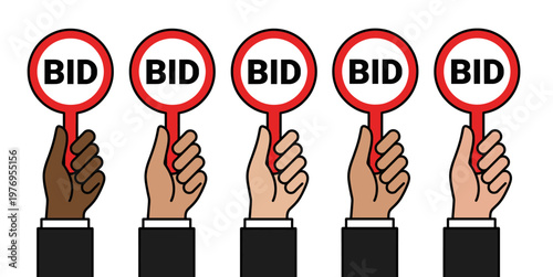 Auction bid paddle set with hand holding round sign for sale