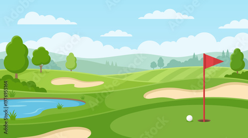Golf course landscape with hole red flag ball and sand bunker