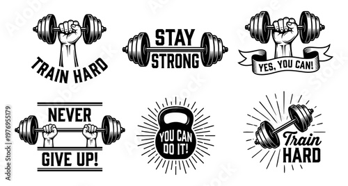 Gym motivation badge set barbell dumbbell kettlebell engraving