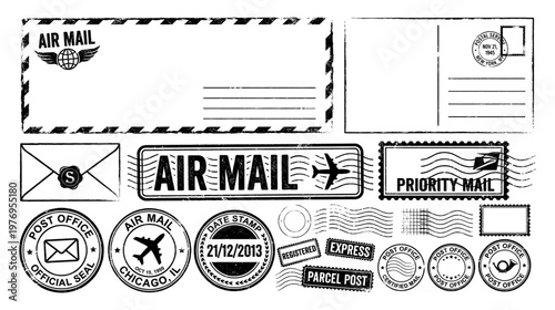 Air mail envelope set with postcard postage stamp and postmark