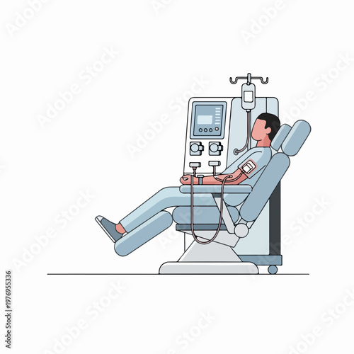 Medical illustration of patient undergoing dialysis treatment in a reclining chair connected to a dialysis machine, representing kidney care and health.