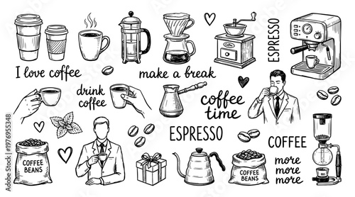 Coffee doodle set with machine bean cup pot and man drinking espresso
