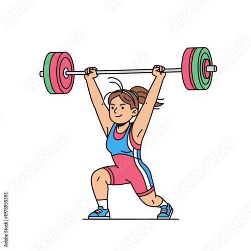 Woman weightlifter lifting heavy barbell overhead, athletic competition, strength training