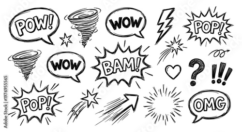Comic doodle set with speech bubble pow wow bam pop omg