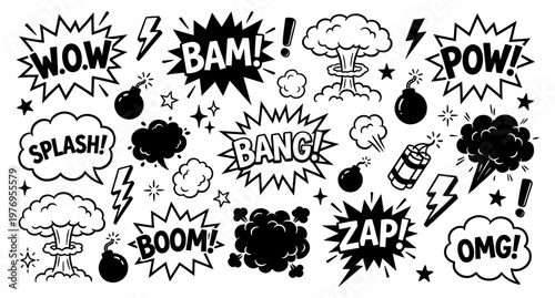 Comic doodle set with speech bubble bomb explosion wow bam boom