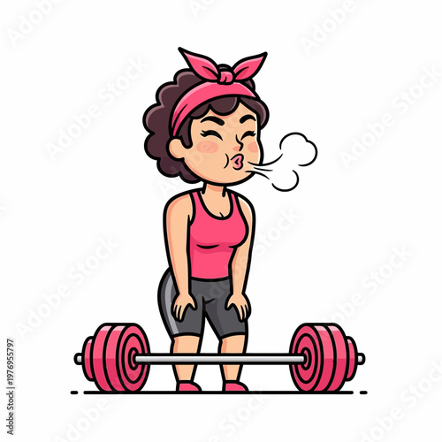 Cartoon woman exercising with barbell, exhaling forcefully during weightlifting