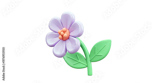 3D Render of a Purple Flower with Green Leaves