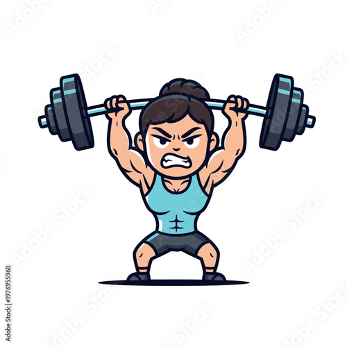 Cartoon Woman Lifting Heavy Barbell in Gym, Strength Training, Fitness Motivation