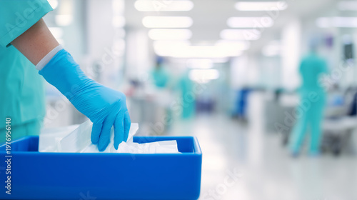 Close-up of a healthcare worker wearing protective gloves disposing of medical waste in a clinical environment, representing hygiene, safety, and healthcare procedures.