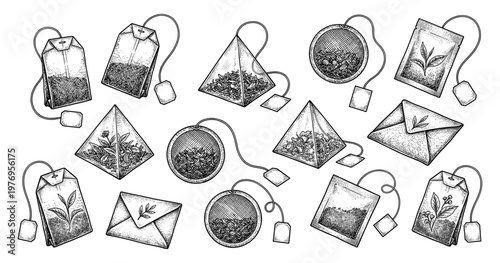 Tea bag set with pyramid sachet envelope and leaf engraving