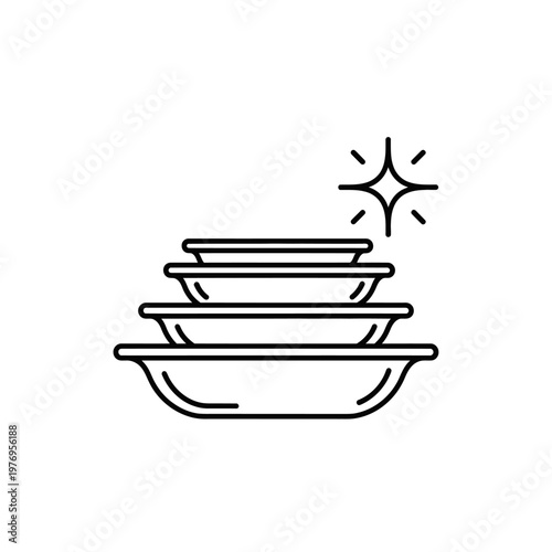 Clean dishes stack icon, sparkling clean plates and bowls, simple line art illustration