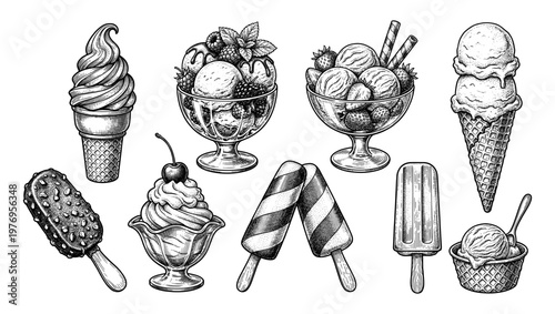 Vintage ice cream set with waffle cone popsicle and scoop engraving