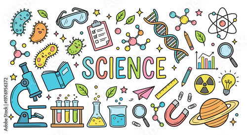 Science doodle set with microscope dna atom microbe and planet