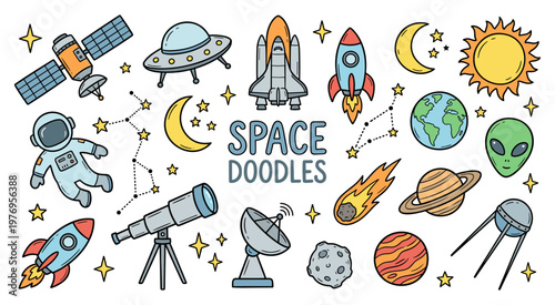 Space doodle set with astronaut rocket alien and planet