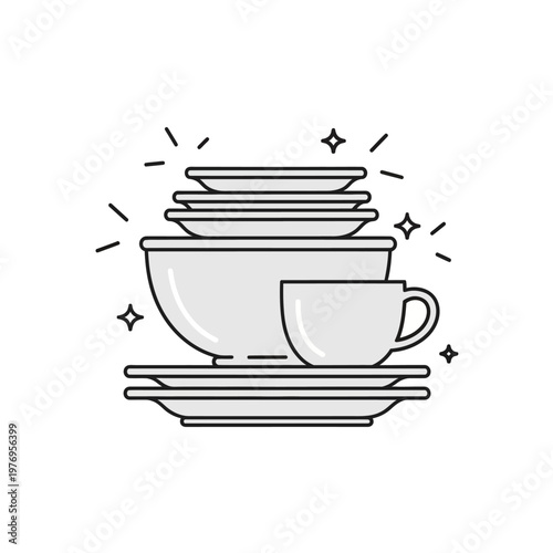 Clean Stacked Dishes and Cup with Sparkles, Kitchenware Clipart