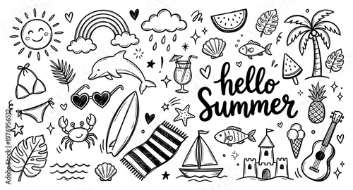 Hello summer doodle set with sun dolphin surfboard and palm tree
