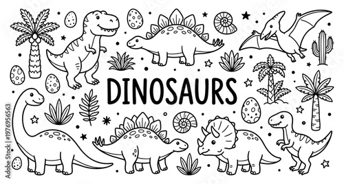 Dinosaur doodle set with t-rex stegosaurus triceratops and palm tree
