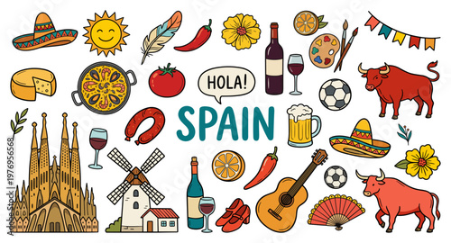 Spain doodle set with bull paella guitar and sagrada familia