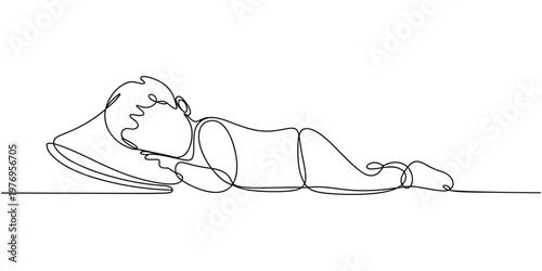 Continuous line of a young boy sleeping peacefully on a pillow child lying down