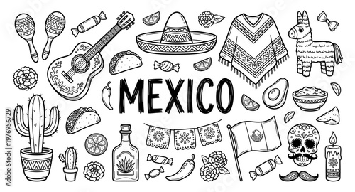 Mexico doodle set with hand drawn guitar sombrero poncho and skull