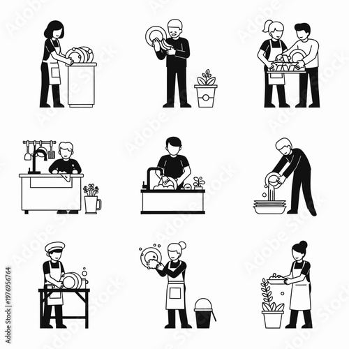 Dishwashing Icon Set: People Cleaning Plates, Kitchen Chores, Household Routine, Simple Vector Illustrations