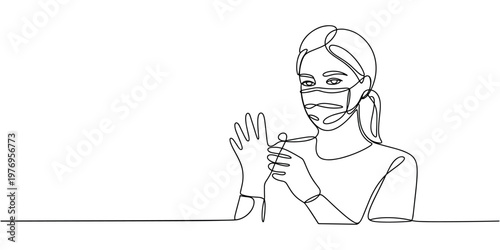 Continuous line of a young woman wearing a surgical mask and putting on protective gloves one line continuous line woman
