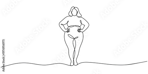 Single line of a confident overweight woman standing with hands on hips single line continuous line overweight woman