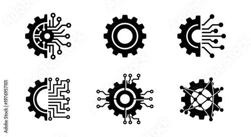 Digital gear icons, 6 technology circuit symbols, industrial cog vectors
