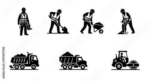Construction worker icons, builder silhouette set, industrial machinery vector