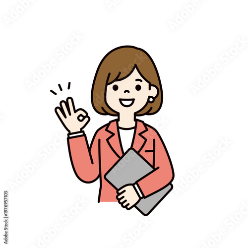 OKサインをする・了承する、ノートパソコンを持った女性社員・OLの上半身ベクターイラスト素材
