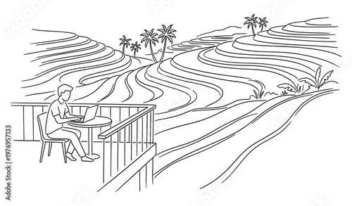 Digital nomad with laptop on balcony and rice terraces hand drawn sketch