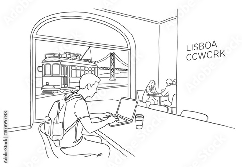 Digital nomad in Lisbon coworking with tram and bridge line drawing